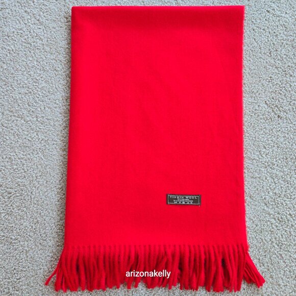Wool/Cashmere Red Scarf with Fringe Virgin Wool - Picture 11 of 13